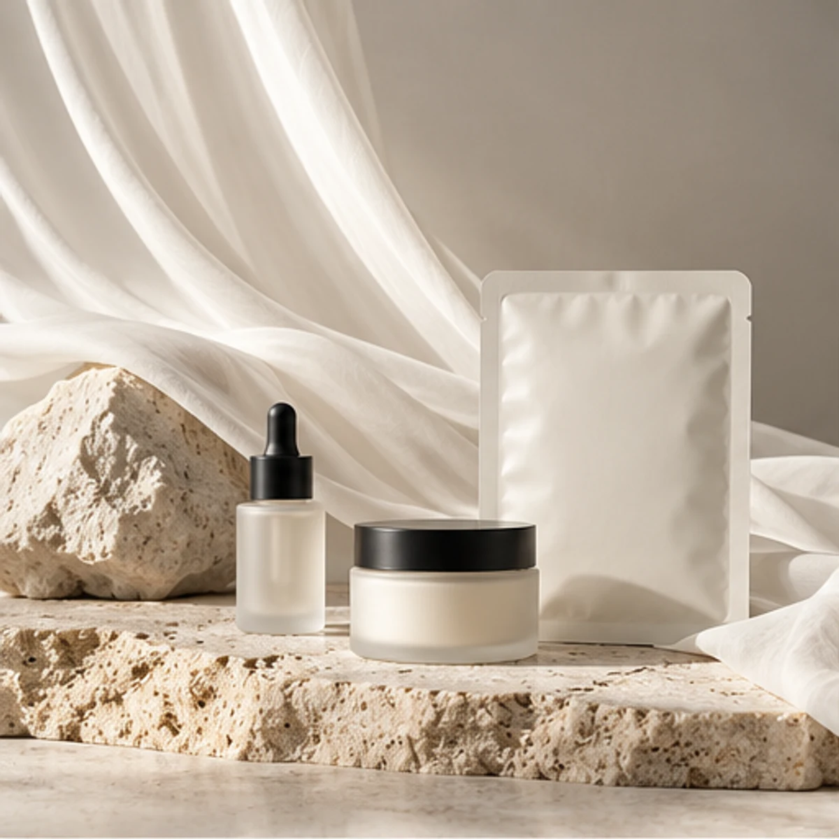 AI-generated skincare collection on travertine